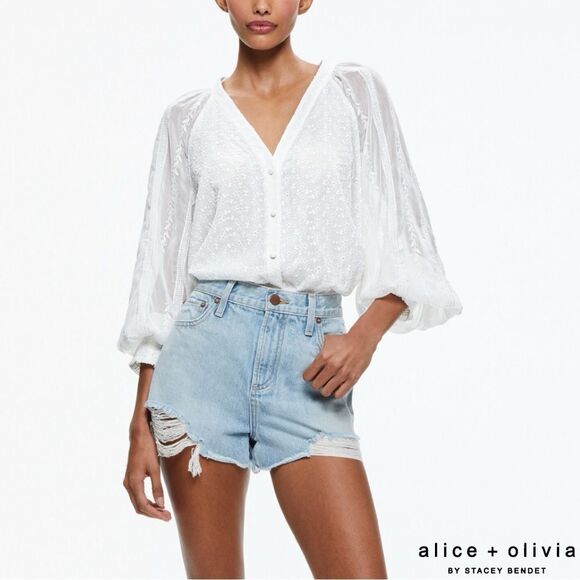 Alice + Olivia **NWT** Lang Embroidered Button Down Blouse in White - Picture 10 of 12